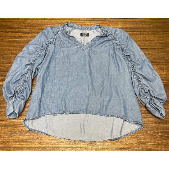 Cavalini Chambray Collections Women’s Blouse 3/4 Ruched Sleeve High Low Large - Picture 1 of 8